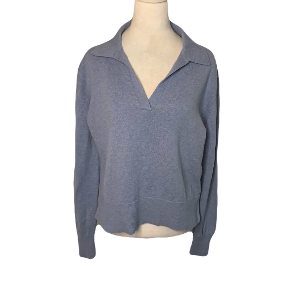 Mersea Heathered Blue V Neck Collared Long Sleeve Pull-Over Small Sweater Top